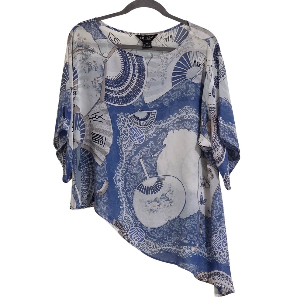 Citron Santa Monica Blouse Womens Medium Blue Silk Asymmetrical Asian Print